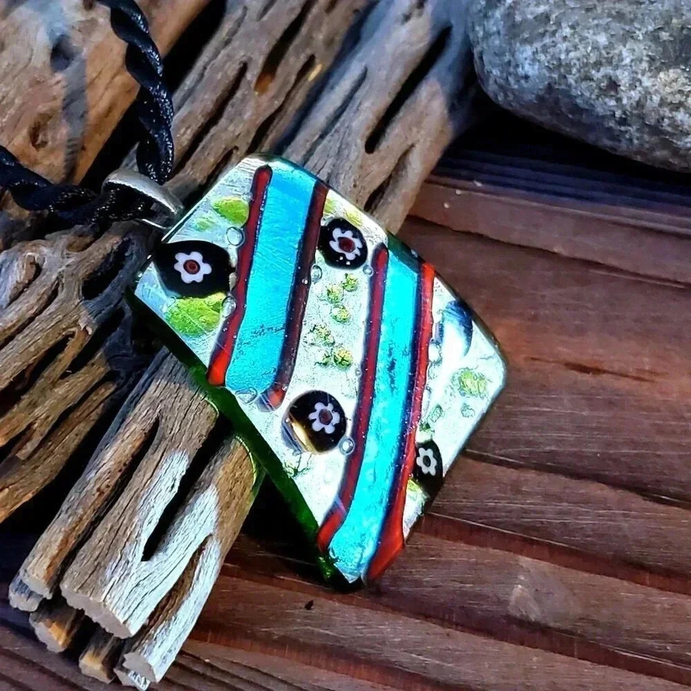 Turquoise Blue Dichroic Glass Trapezoid Necklace 49$